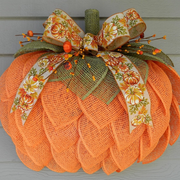 Pumpkin Wreath for Front Door, Pumpkin Door Hanger, 3D Pumpkin Wreath, Burlap Mesh Pumpkin, Fall Door Wreaths, Fall Farmhouse Wreath