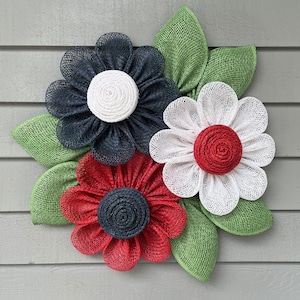 Daisy Wreath for Front Door, July 4th Patriotic Door Hanger, Triple Flower Wreath, Spring Summer Wreath, American Flag Door Decor