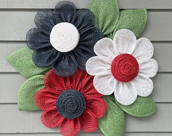 Daisy Wreath for Front Door, July 4th Patriotic Door Hanger, Triple Flower Wreath, Spring Summer Wreath, American Flag Door Decor