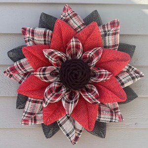 Plaid Flower Wreath: Red Black Burlap Farmhouse Decor