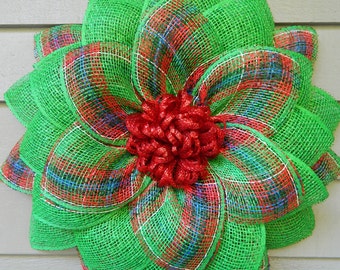 Christmas Burlap Flower Wreath, Christmas Wreath, Plaid Burlap Flower Wreath, Green Christmas Wreath, Green Plaid Decor, Winter Wreath