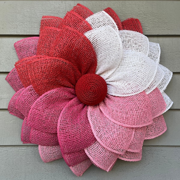 Valentine's Day Wreath, Spring Summer Front Door Wreath, Red Pink Ombre Wreath, Burlap Flower Wreath, Flower Front Door Wreath