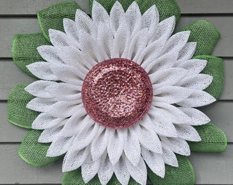 Daisy Wreath for Front Door, White Daisy Flower Wreath, Spring Summer Wreath, White Sunflower, Daisy Decor, Poly Burlap Flower Wreath