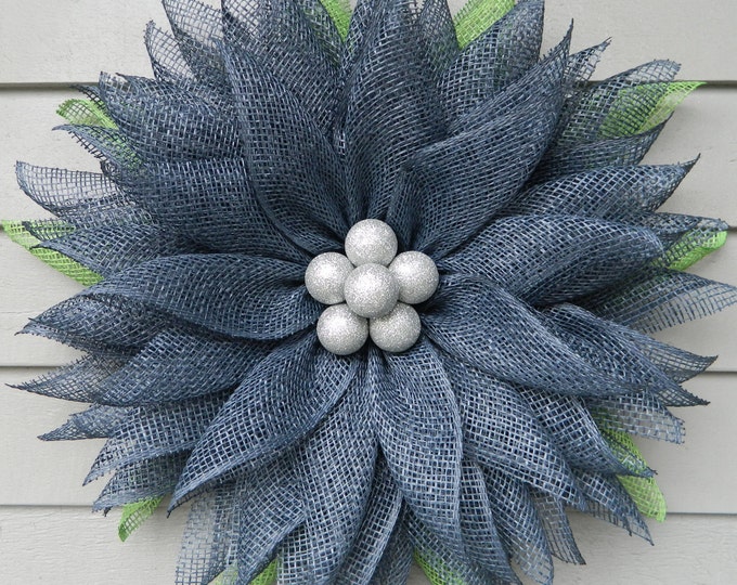 Poinsettia Flower Front Door Wreath, Blue Mesh Wreath, Navy Blue Wreath ...