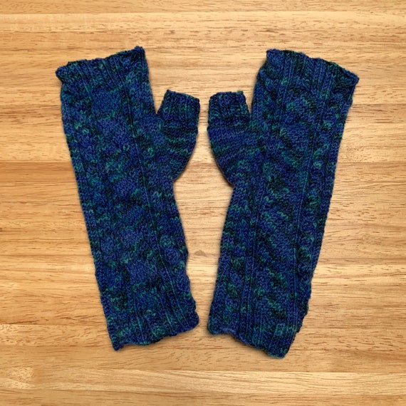 Hand Knit Shaded Blue Snowdrifts Lightweight Wool Fingerless Gloves With Cables And Lace