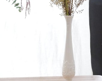 Vintage Tall Ivory Porcelain Vase with Raised Leaf Design
