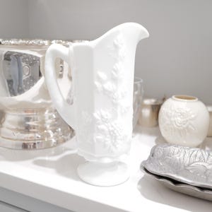 Vintage Milk Glass Water Pitcher - Westmoreland Paneled Grape Pattern