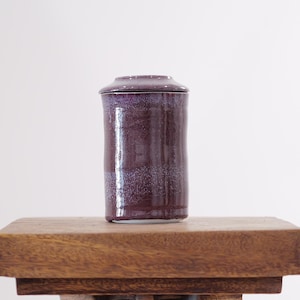 Op de afbeelding: Een cilindrische keramische pot met een deksel. De pot heeft een dieppaarse kleur met een gespikkelde, getextureerde afwerking. Hij staat op een houten oppervlak tegen een witte achtergrond. De pot is ongeveer 20 cm hoog.