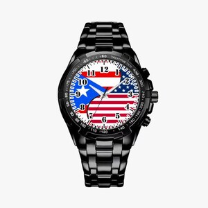 May include: Black wristwatch with a stainless steel band. The watch face features a white background with black numbers and a split design of the Puerto Rican and American flags.