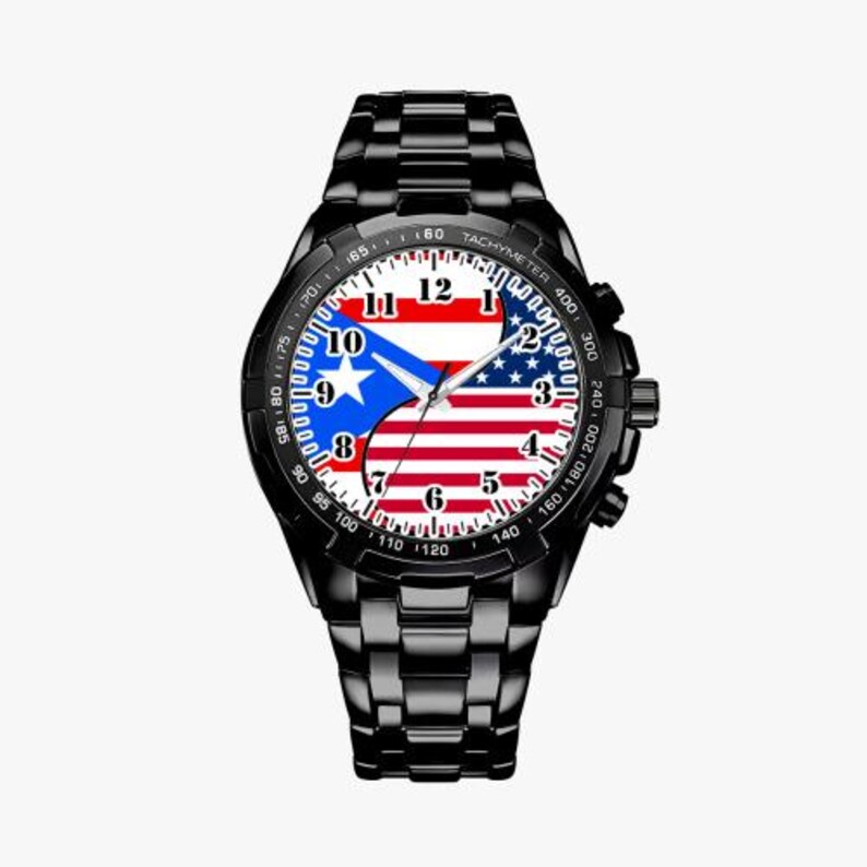 May include: Black wristwatch with a stainless steel band. The watch face features a white background with black numbers and a split design of the Puerto Rican and American flags.