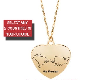 1 Heartbeat Personalized Dual Citizenship(Double Nationality)Heart-Shaped Pendant Necklace with Custom Engraved Country Map.