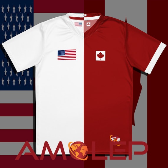 Half United States USA–Half Canada Soccer/Football Jersey • Unisex Dual Nation Football Shirt • Multinational Amolep Kit