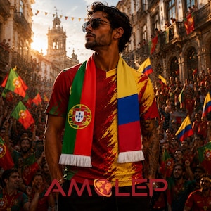 Könnte beinhalten: Ein Mann mit Sonnenbrille und einem rot-gelben Fußballtrikot mit einem Schal mit den Flaggen Portugals und Kolumbiens. Das Bild ist in einer überfüllten Umgebung im Freien mit Flaggen und einem Gebäude im Hintergrund aufgenommen.