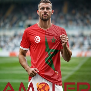 May include: A soccer player wearing a red jersey with the flags of Tunisia and Morocco on it. The player is holding the jersey up with his right hand and looking at the camera.