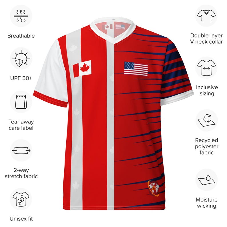 Puede incluir: Una camiseta roja y blanca con cuello en V con las banderas de Canad&aacute; y Estados Unidos. La camiseta tiene un cuello de doble capa, est&aacute; hecha de tejido de poli&eacute;ster reciclado y est&aacute; dise&ntilde;ada para un ajuste unisex. Caracter&iacute;sticas: transpirable, tejido el&aacute;stico en 2 direcciones y absorbe la humedad.