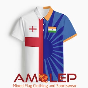 Op de afbeelding: Een witte poloshirt met een gesplitst ontwerp: de Engelse vlag aan de linkerkant en een blauw ontwerp met de Indiase vlag aan de rechterkant. Het heeft een witte kraag en oranje accenten. De tekst "AMOLEP" en "Mixed Flag Clothing and Sportswear" staan onderaan.