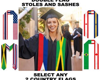 Custom Personalizable Half and Half Dual/Double Nation/Flag Graduation Stoles/Sash