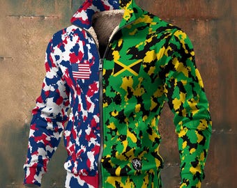Customizable (Select any 2 Flags) Dual Flag Men’s Fleece Camo Jacket • All-Over Print Zip-Up • Binational Heritage Outerwear