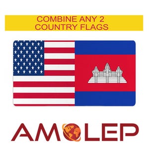 Könnte beinhalten: Eine kombinierte Flagge der Vereinigten Staaten und Kambodschas. Die amerikanische Flagge befindet sich auf der linken Seite des Bildes und die kambodschanische Flagge auf der rechten Seite. Der Text "COMBINE ANY 2 COUNTRY FLAGS" wird über den Flaggen angezeigt.