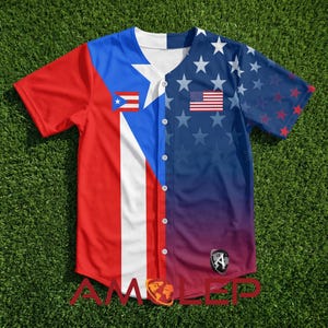 May include: A baseball jersey with a split design, one side featuring the Puerto Rican flag and the other the American flag. The jersey has a white collar and buttons. The text "AMOLEP" is visible at the bottom of the jersey.