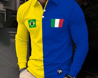 Customisable Half and Half Rugby Unisex Polo Shirt (Personalisable) • Dual Flag Long Sleeve Jersey • Binational Double Citizen Gift