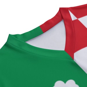 May include: Close-up of a green, red, and white v-neck shirt. The shirt has a geometric pattern on the red and white sections.