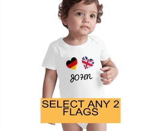 Binational Custom Baby Bodysuit with Dual Flags & Name • Personalized Infant Bodysuit • Optional Swaddle Set • Choose Any 2 Country Flags
