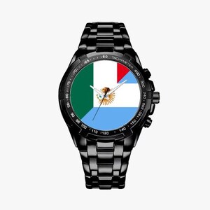 May include: A black wristwatch with a black metal band and a round face. The face of the watch has a white background with black markings and a tachymeter scale. The watch face also features a flag of Argentina with a green, white, and blue design.