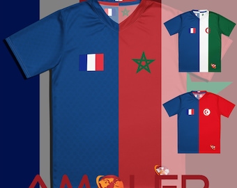 Personalisable Half France and Half Morocco/Algeria/Tunisia Binational Unisex Recycled Football Jersey. Unisex Custom Dual Flag Kit