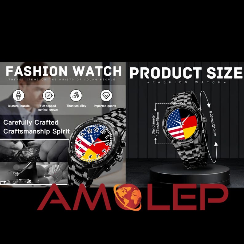 May include: A black wristwatch with a silver band and a face featuring the American and German flags. The watch is 1.77 inches in diameter and 8.26 inches in length.