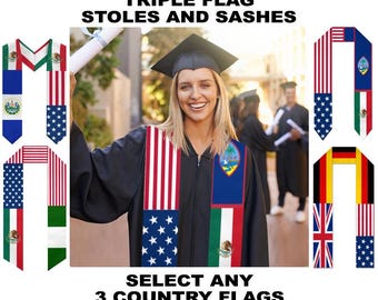 Custom Personalisable 3 Nation/Country Flag Graduation Stoles/Sash - Graduation Gift, Birthday Gift