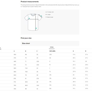 May include: Size chart for a t-shirt in inches and centimeters. The chart shows the measurements for the chest width, length, and sleeve length for sizes 2XS to 6XL.