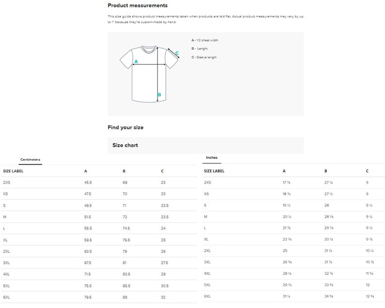 May include: Size chart for a t-shirt in inches and centimeters. The chart shows the measurements for the chest width, length, and sleeve length for sizes 2XS to 6XL.