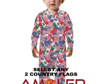 Dual Flag Binational Baby Footed Romper • Custom Two Country Cotton Pajamas • Long Sleeve Zip Outfit