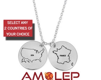 Collier à disque (gravure au laser) Collier pendentif personnalisé à double citoyenneté (double nationalité) avec carte de pays gravée sur mesure.