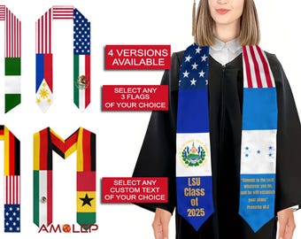 Gepersonaliseerde stola's/sjerpen met 3 landen/vlaggen en aangepaste tekst - Afstudeercadeau, verjaardagscadeau