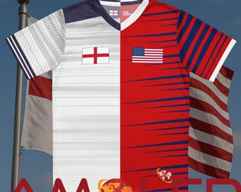 Half England and Half United States (USA) Amolep Binational football /soccer Unisex Jersey– Dual National Team Shirt
