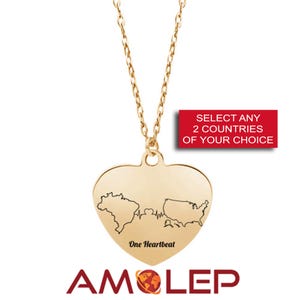 1 Heartbeat Personalized Dual Citizenship(Double Nationality)Heart-Shaped Pendant Necklace with Custom Engraved Country Map.