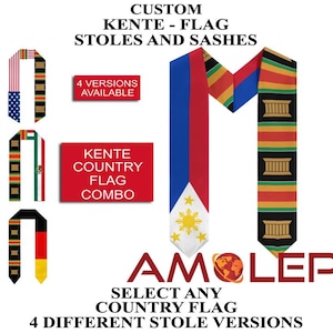 Könnte beinhalten: Individuelle Kente-Flaggen-Stolas und Schärpen mit vier verschiedenen Versionen erhältlich. Wählen Sie aus einer Vielzahl von Länderflaggen, um Ihre Stola zu personalisieren. Das Bild zeigt eine rot-weiß-blaue Stola mit einer philippinischen Flagge.