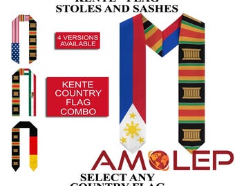 Custom Personalizable Half Kente Print and Half Nation/Flag Graduation Stoles/Sash (select any country flag)