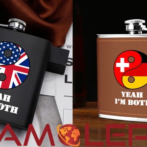 Petaca personalizada con doble bandera: ¡elija entre envuelta en cuero o acero inoxidable negro! (con o sin texto personalizado)