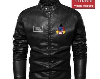 Double Flag Customisable/Personalisable Skull and Flame Leather Jacket (Select any 2 Countries of your Choice)