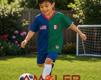 Custom personalized Half and Half Binational Kids football /soccer Jersey (Select and combine any 2 Countries)