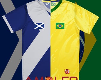 Half Scotland-Half Brazil Dual Nation Combo Flag Amolep Binational Unisex Soccer/Football Jersey