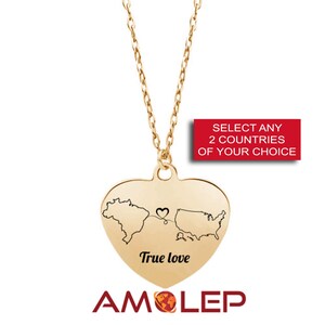 Collier pendentif en forme de cœur personnalisé True Love avec double citoyenneté (double nationalité) avec carte de pays gravée sur mesure.