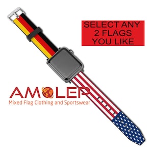 以下が含まれることがあります： 片側にドイツ国旗のデザイン、もう片側にアメリカ国旗のデザインが施された腕時計のバンド。腕時計のバンドの上に赤い枠の中に「SELECT ANY 2 FLAGS YOU LIKE」というテキストがあります。腕時計のバンドの下に「AMOLER Mixed Flag Clothing and Sportswear」というテキストがあります。