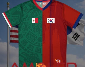 Half Mexico and Half South Korea Dual Nation Combo Flag Amolep Binational Unisex Soccer/Football Jersey
