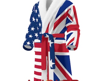 Dual Flag Fleece Bathrobe • Custom Two Country Sherpa Robe • Unisex Cozy Loungewear