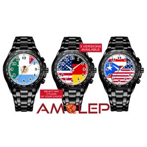 May include: Three black wristwatches with different flag combinations on the face. The flags are the American flag, the German flag, the Chilean flag, the Mexican flag, and the Argentinian flag. The text on the image reads "3 Versions Available" and "Select any 2 flags of your choice".