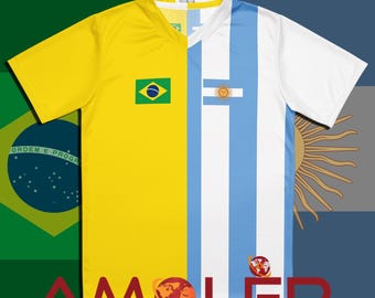 Half Argentina and Half Brazil Amolep Multinational Binational Unisex football /soccer Jersey